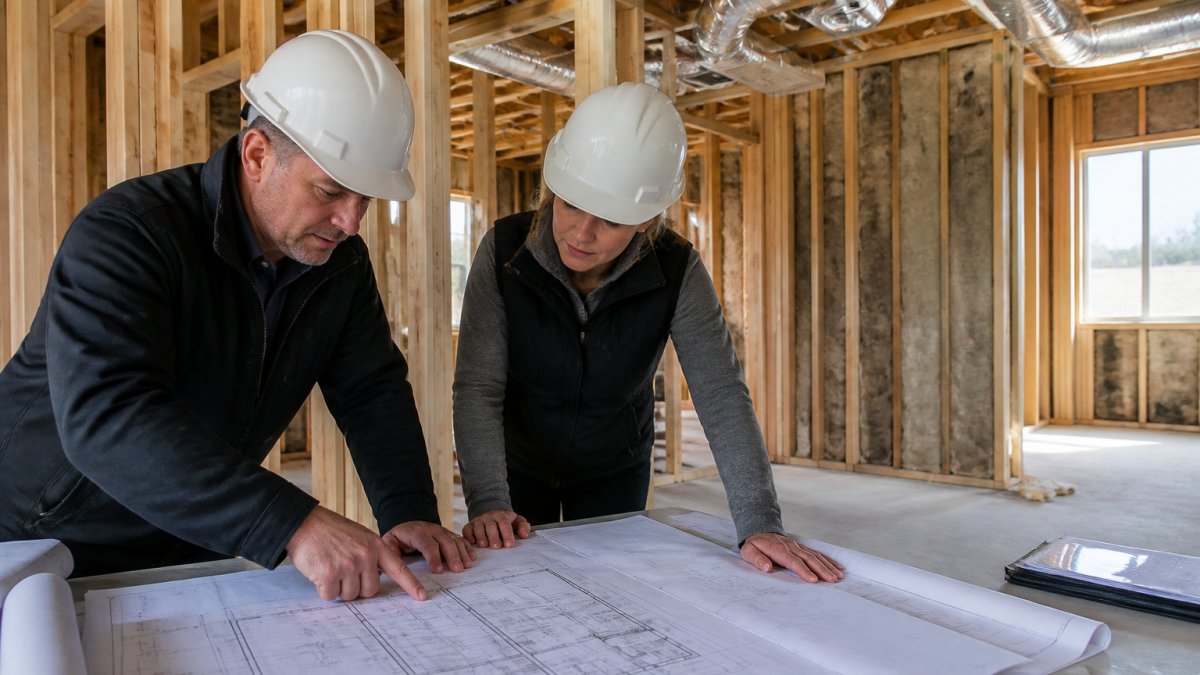Engineers reviewing mechanical design plans for duct layouts within a wood-framed house under construction.