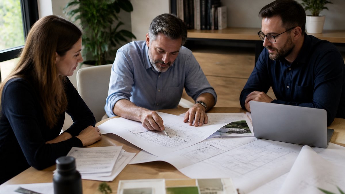 Architects and mechanical engineers collaborating at a conference table with building plans, laptops, and energy efficiency documents spread across the surface, natural office lighting