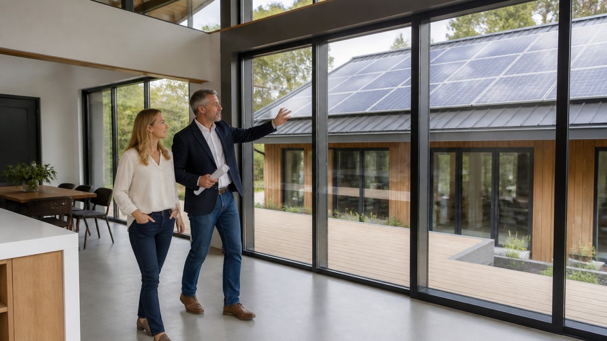 Homeowner and architect discussing features inside a bright net zero home with solar panels visible
