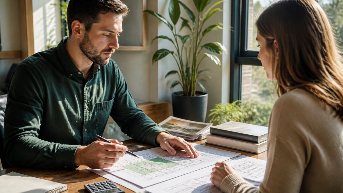 Professional consultant reviewing building energy efficiency plans and sustainable design documents with client across desk in modern office with natural light