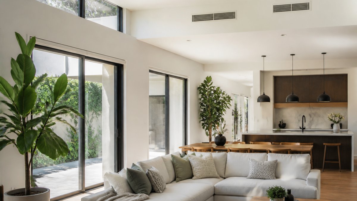 Bright, modern home interior with natural light streaming through large windows, showing an open living space with potted plants, clean surfaces, and visible ventilation elements