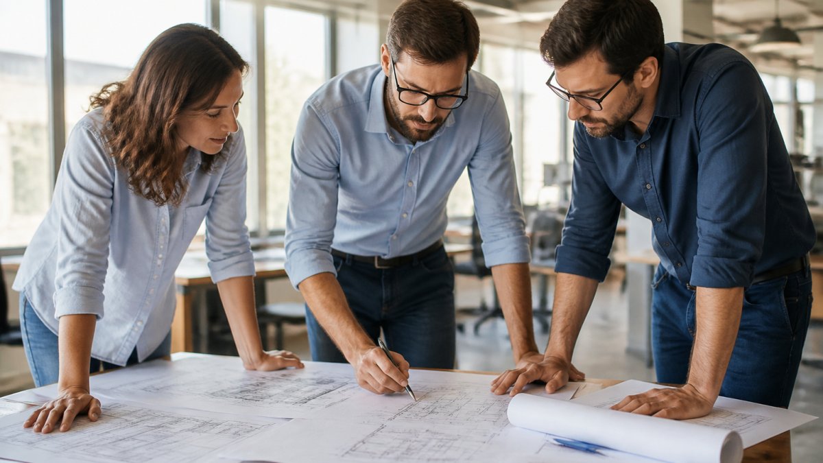 Architects and engineers reviewing mechanical design consulting plans for a building project together.